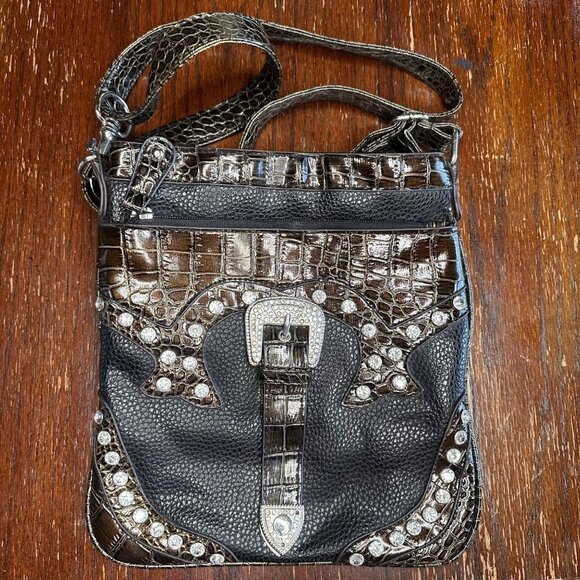 Handbags - Western Style Rhinestone Faux Reptile Skin Black Silver Crossbody Bag Purse